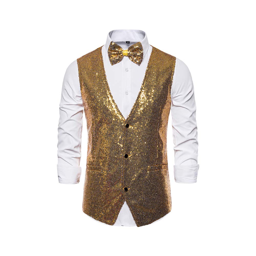 Men's Shiny Sequin Vest V-Neck Regular-Fit Party Dress Suit Waistcoat Bowtie 2 Pieces, Golden, Medium