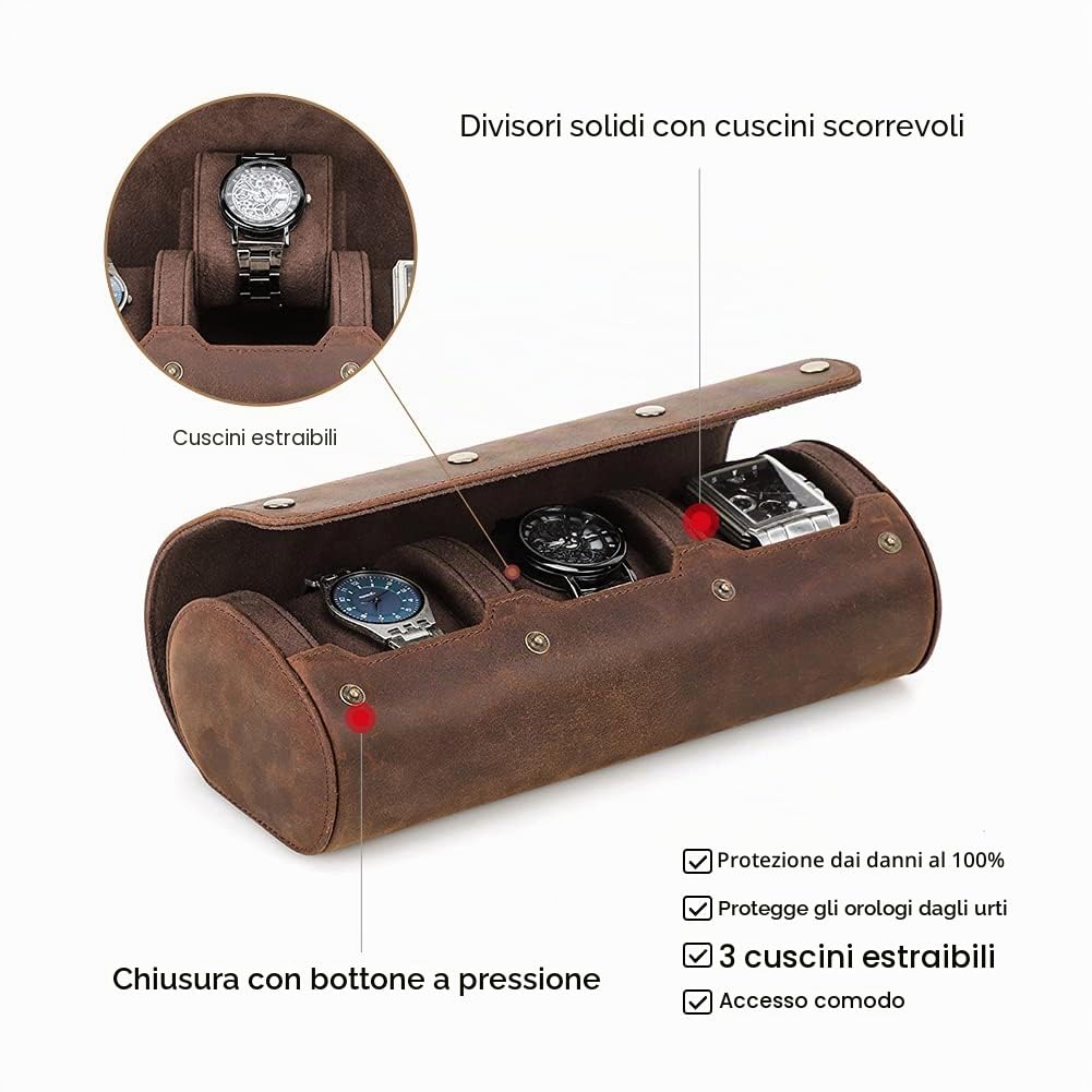 Contacts, Custodia per orologi e gioielli in vera pelle, cilindrica, protettiva, da viaggio, con cuscinetto cilindrico e morbida fodera (Caffè 2, per 3 orologi)
