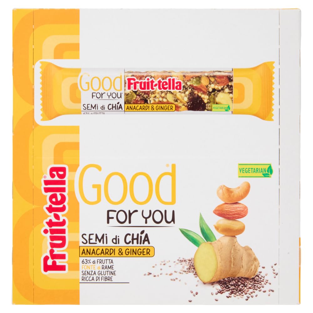 Fruittella Good For You Anacardi e Ginger, Barrette, Healthy Snack, con Mandorle e Semi Di Chia, con Frutta Secca e Disidratata, Confezione da 16 Barrette, Snack Sano Senza Glutine e Ricco di Fibre