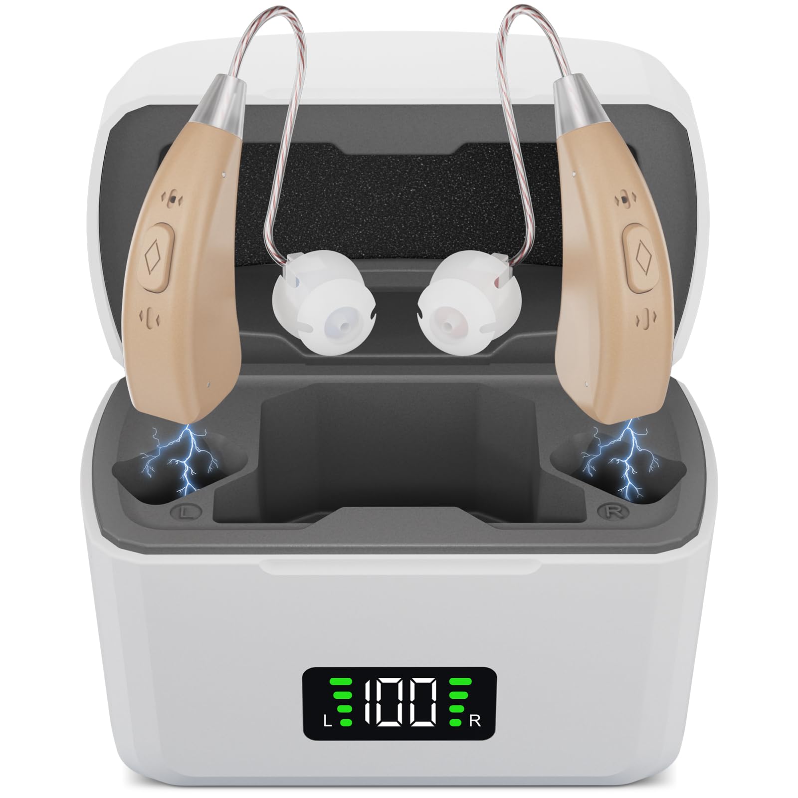 Photo 1 of Rechargeable Hearing Aids for Seniors – Discreet BTE Digital Hearing Amplifiers with AI Noise Reduction, 3 Listening Modes, 5 Volume Levels, Charging Case Included (Beige)