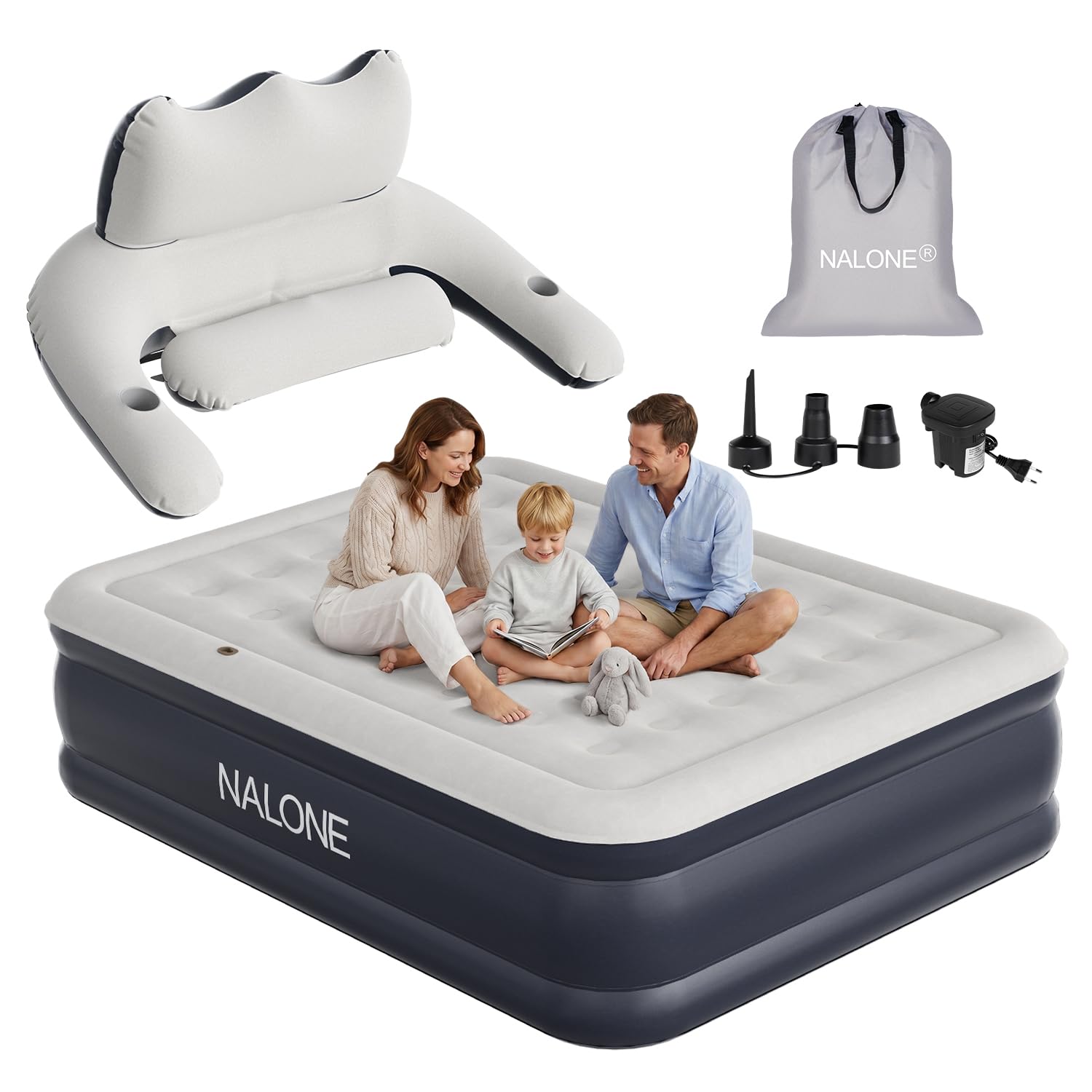 NALONE Materasso Gonfiabile Matrimoniale Con Testiera Integrata, Letto Gonfiabile Matrimoniale Con Pompa Integrata, Materasso Autogonfiabile Per Campeggio E Casa 203x152x45cm(Queen)