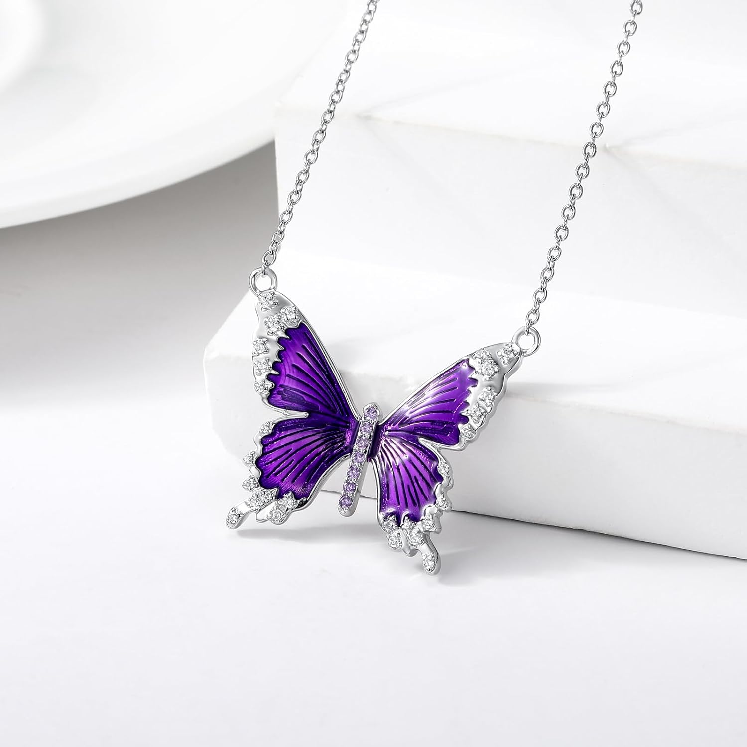Blue/Purple Butterfly Necklace for Women 925 Sterling Silver Moissanite Dainty Cute Butterfly Pendant Necklace Butterfly Charm Jewelry Gift for Her - Image 2