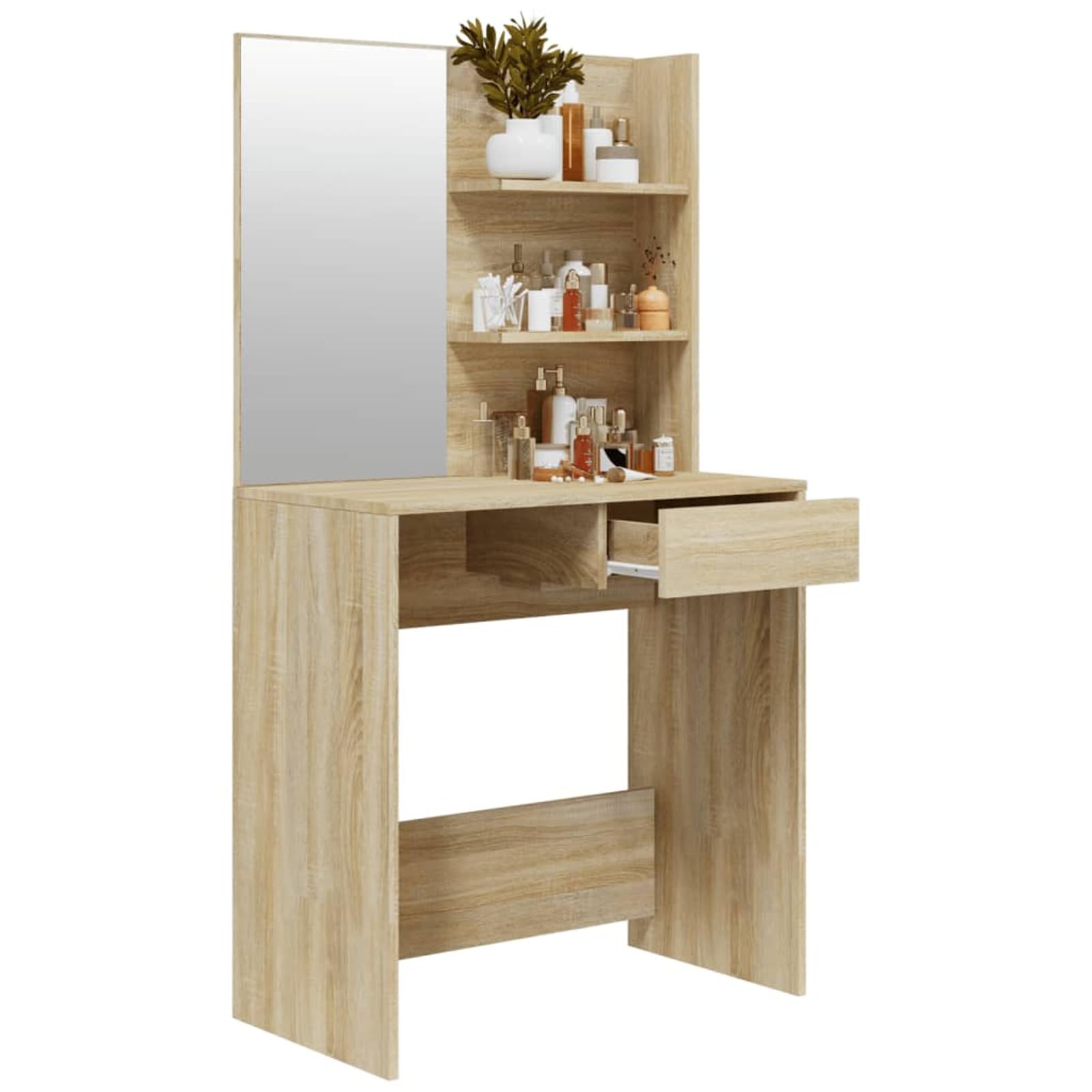 Mesa de tocador con espejo, Roble Sonoma, 74,5 x 40 x 141 cm, madera contrachapada, acrílico, diseño moderno, para el cuidado personal diario
