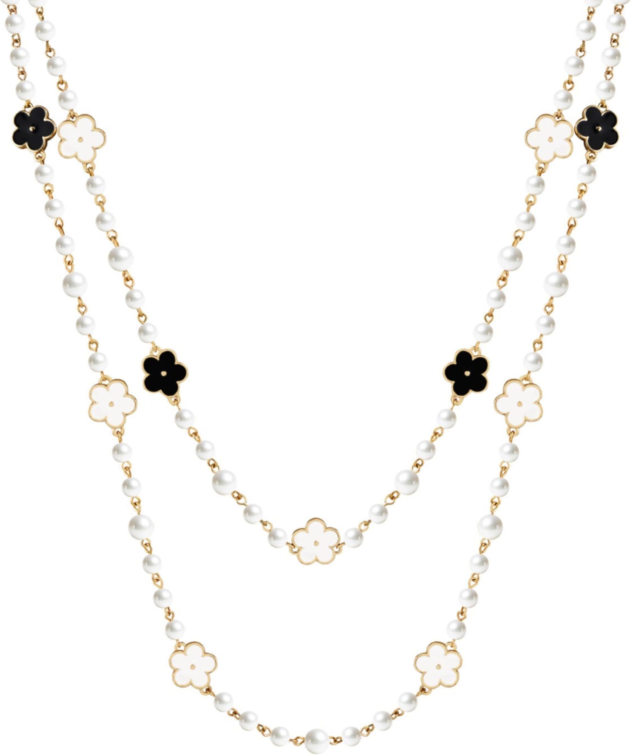 Layered Long Pearl Clover Necklace for Women โ Golden Clover Charms, Multi Strand Statement Necklace, Vintage Costume Jewelry