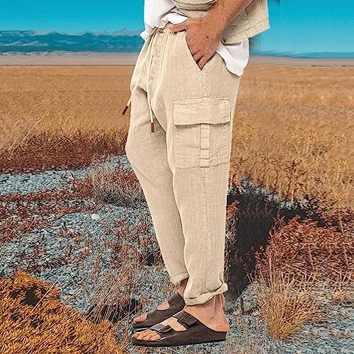 Wankang Men's Linen Cargo Pants Summer Relaxed Casual Beach Travel Pants Lightweight Hiking Joggers Trousers for Men2