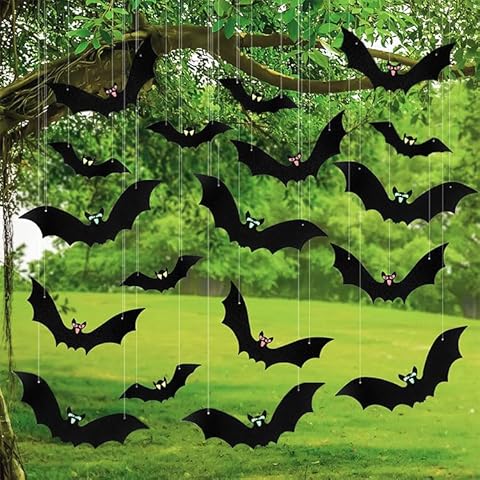 18 PCS Hanging Bats Halloween Decoration Outside,Large Flying Plastic Halloween Bats Outdoor Decor,3 Different Sizes,Bat Outdoor Halloween Decoration, for Hanging in The Tree,Porch,Yard,Lawn,Indoor Cover