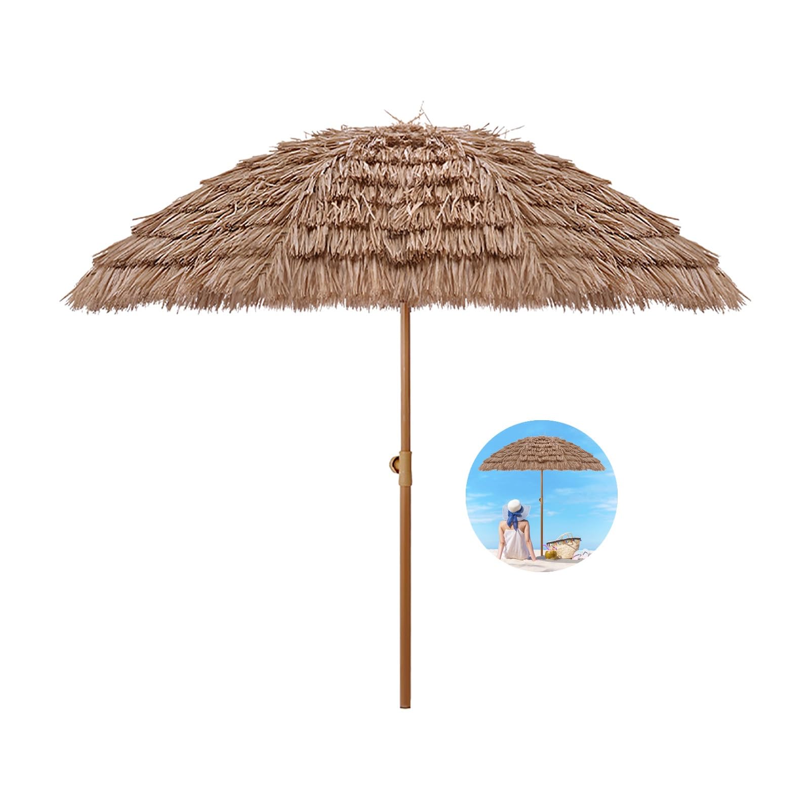 Hawajski parasol Tiki do użytku na zewnątrz, z ochroną UV i funkcją nachylenia, wodoszczelny parasol plażowy ze słomy, tropikalny parasol tarasowy ze słomy, do stołów na świeżym powietrzu, z uchwytem