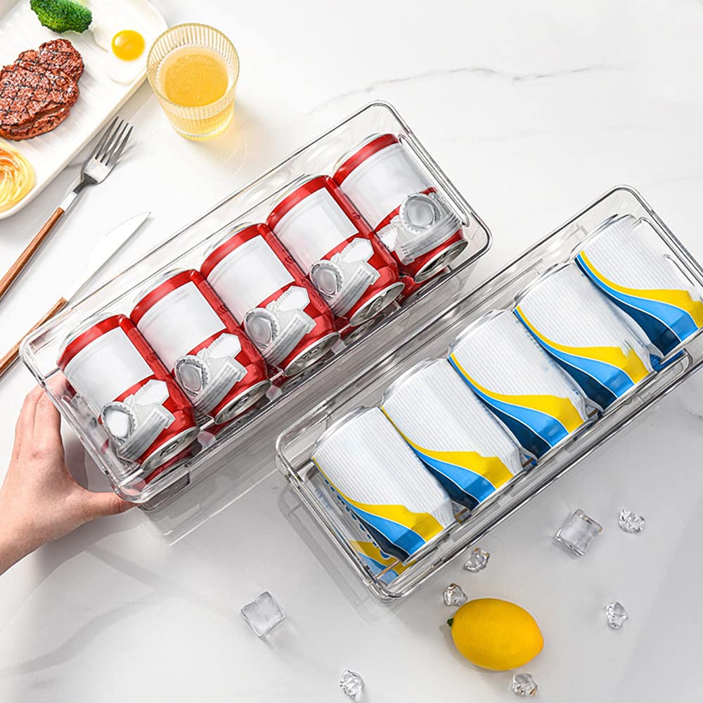 Caffney Refrigerator Can Drink Holder Storage Rolling Can Dispenser Pop Soda Can Organizer Bins Stackable 2 Tier Freezer Beverage Can Organizer Bin Clear Plastic Canned Food Pantry Storage Rack For Fr