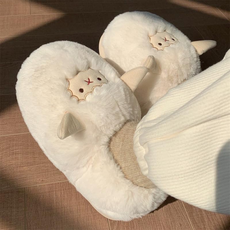 Lamb Furry Slippers Fuzzy House Slippers Women Girls Indoor Fluffy Slippers Cute Animal Slippers Winter Plush Slippers3