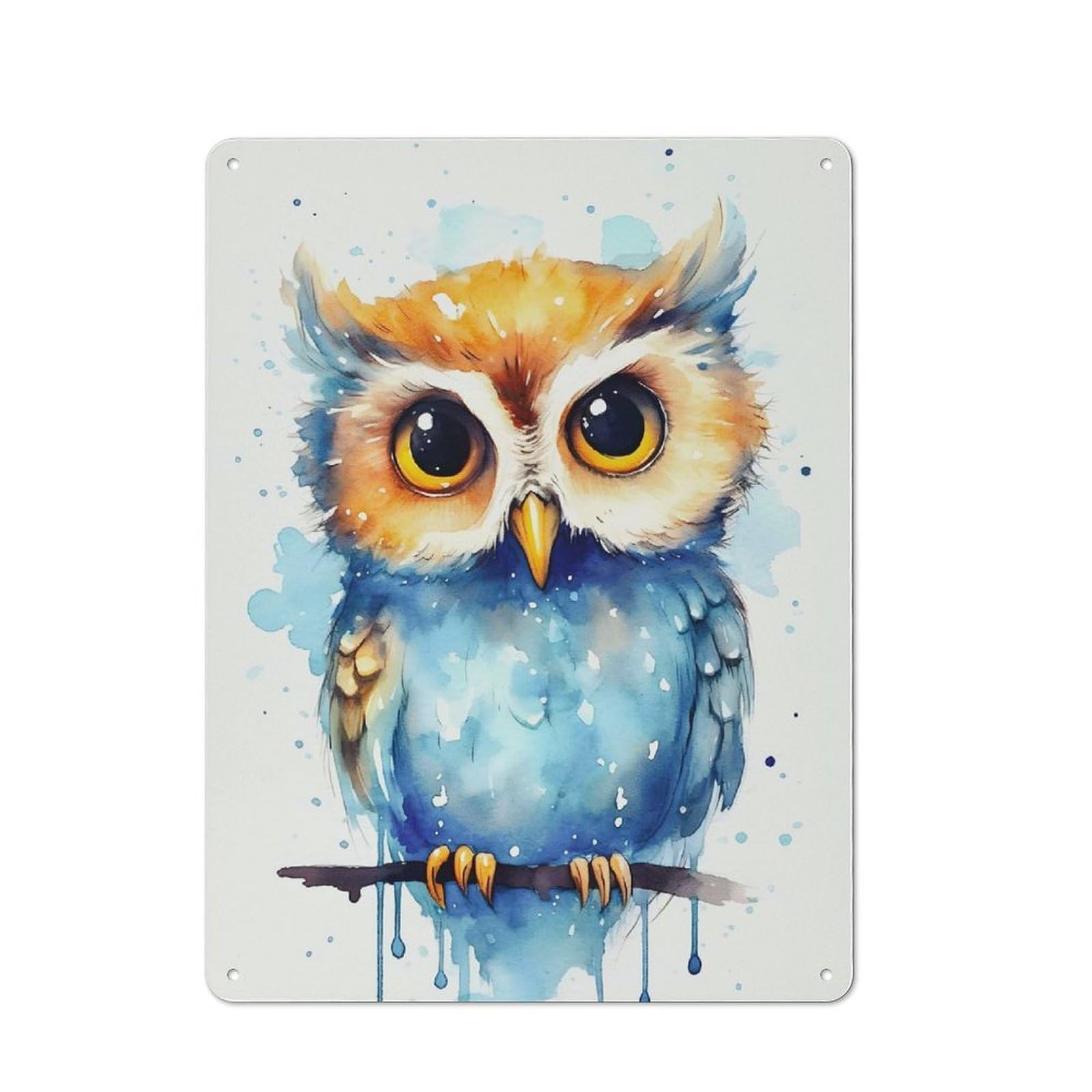 Junmoney Style-19 Cute Baby Owl Watercolors Tin Wall Plaque 40X30cm, Rustic Cottage Wall Art For Dining Room, Cafe, Entryway Or Family Room