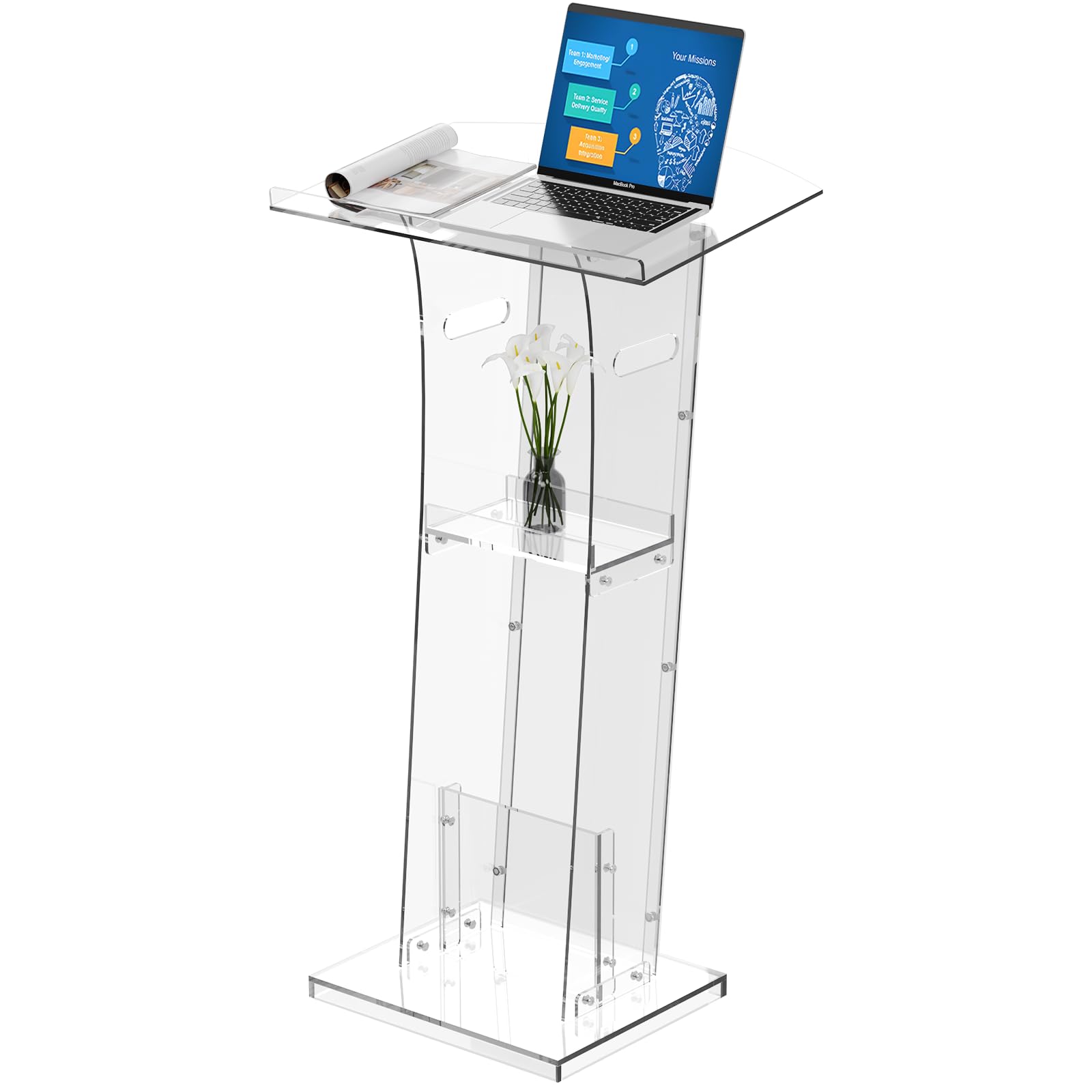 KSacry Acrylic Clear Podium Stand with Storage Shelf,Plexiglass Pulpits for Churches,Conference,Speeches,Weddings,Classroom,Professional Presentation Podiums (23.6" L X 17.7" W X 47" H, Transparent)