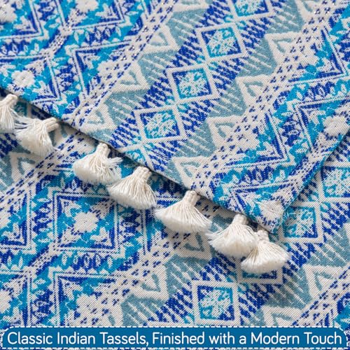 Image of HOKIPO L Shape (2+2 Seater) Sofa Cover Seat Mat | 300 GSM Cotton Acrylic Jacquard Fabric with Tassel, 'Trivana Series' Aqua Blue (IN-934+935-J7)