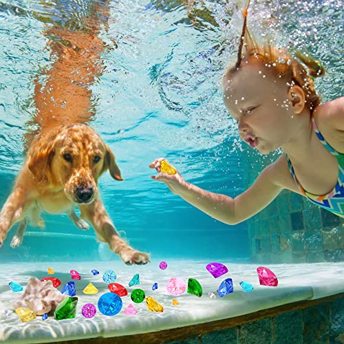 Yujun 46 Pcs Diving Gems Toys,Acrylic Big Diamond Pool Gems With Pirate Treasure Chest Summer Beach Underwater Swimming Toys For Kids Birthday Swimming Pool Party Favors Fish Tank Stuffer (3 Sizes) #TOP3