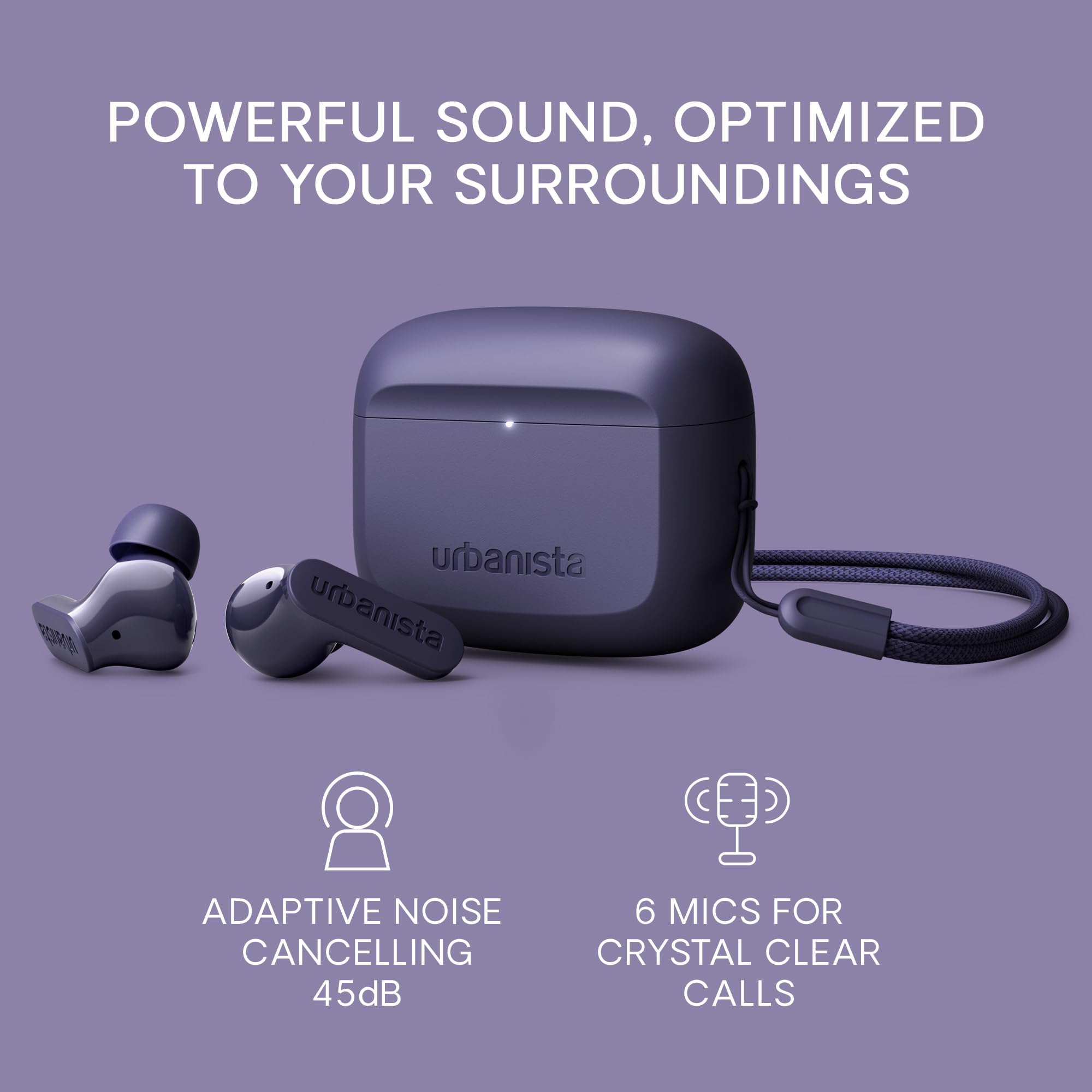 Urbanista Palo Alto Cuffie Bluetooth, Auricolari Bluetooth 5.3 Wireless, Cuffie Antirumore con 6 HD Mics, Audio adattivo, Trasparenza, 45 Ore di Riproduzione, Bassi Potenti, USB-C, IP54, Viola