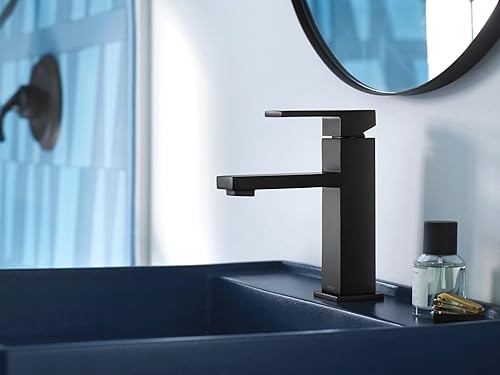 Miniatura 2 de Moen Revyl 84771BL - Grifo de lavabo de baño moderno de un solo agujero, negro mate con placa opcional y conjunto de drenaje con resorte, 84771BL