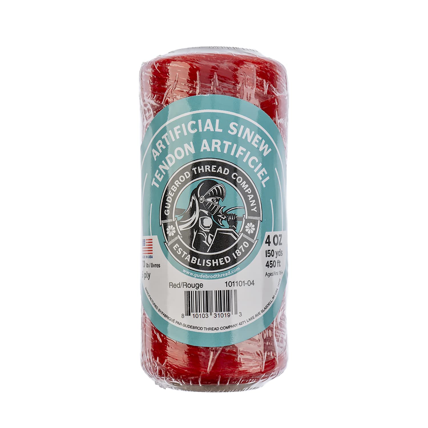 Sinew 4oz 450ft (150yd) Red 5ply, 70lb Test Made in USA, Artificial Sinew