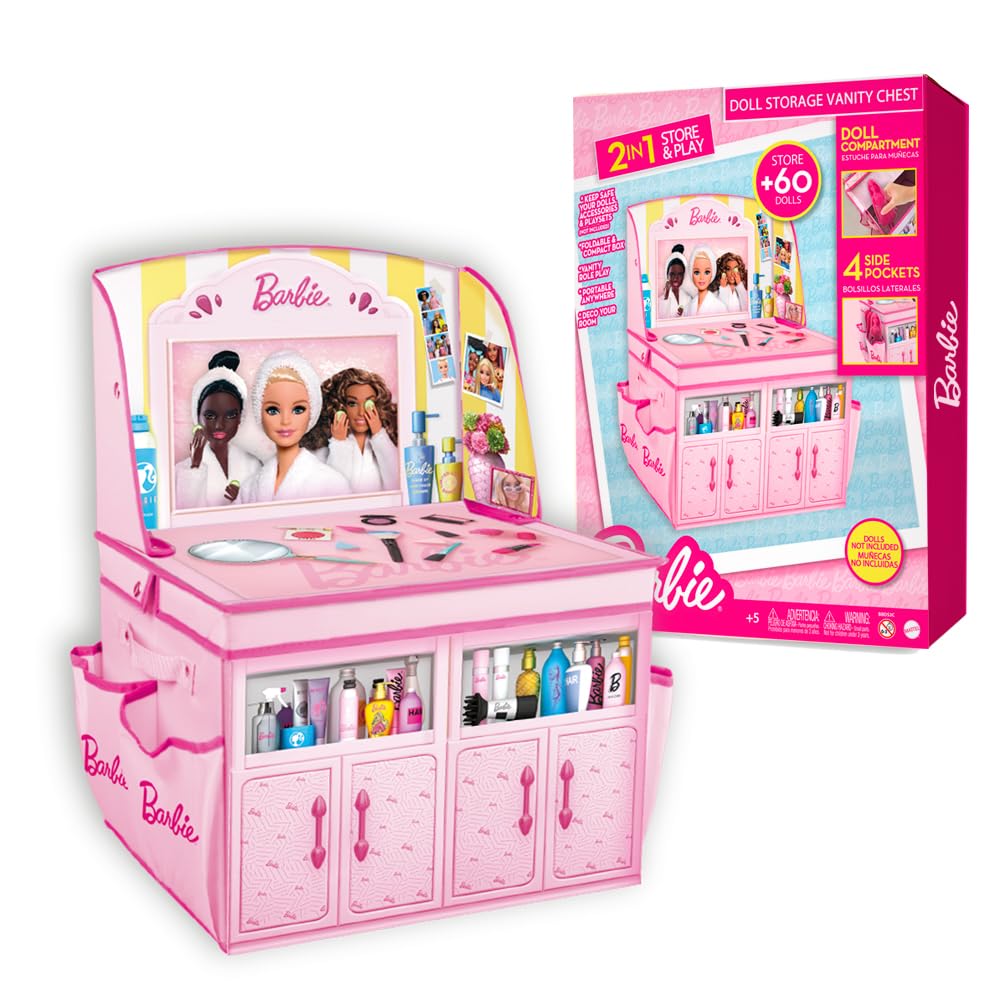 Barbie Doll Storage Vanity Chest - 2-in-1 Foldable Storage Box & Vanity Playset - Stores 60+ Dolls & Accessories - Toy Organizer with Compartments & Pockets - Barbie Toys for Girls Ages 4+
