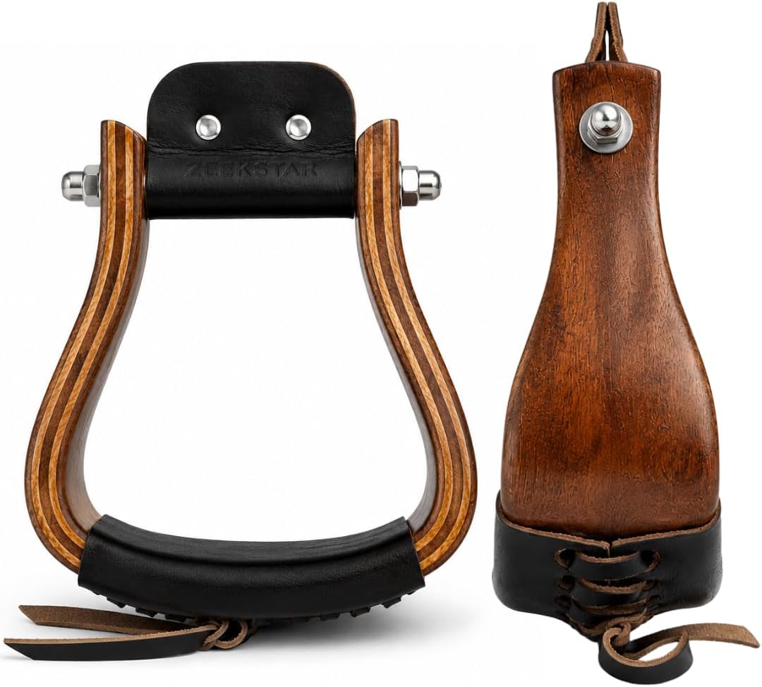 Wooden & Leather Western Horse Riding Stirrups – Handmade Wooden Saddle Stirrups with Leather Foot Tread | Wood