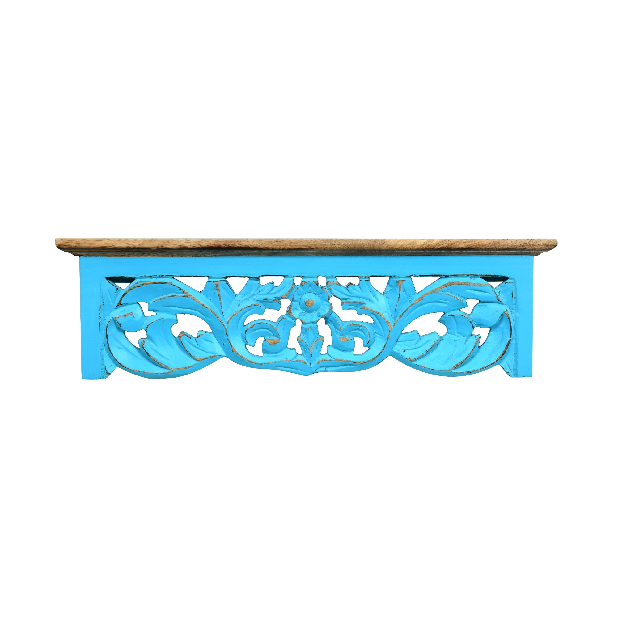Woodenclave Solid Wood Wall Bracket Floral Design Hand Carved and Painted Floating Shelf for Bedroom Living Room Home Office (Blue)