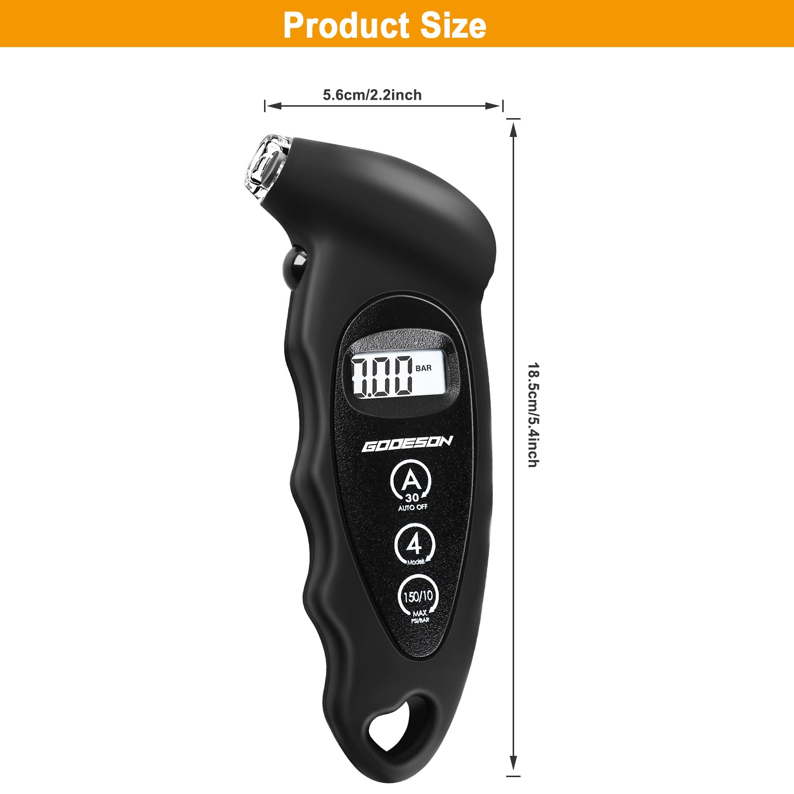GODESON Manometro digitale per pneumatici, 150 psi, 10 bar, 4 impostazioni, accessorio per auto con LCD retroilluminato, manometro per pneumatici adatto per auto, camion, biciclette, moto