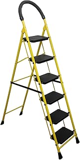 BonKaso Premium Steel Multipurpose Climb Swift 6-Step Foldable Ladder with Safety Clutch Lock – Anti-Slip, Heavy-Duty Design for Indoor & Outdoor Use - (Yellow & Black)