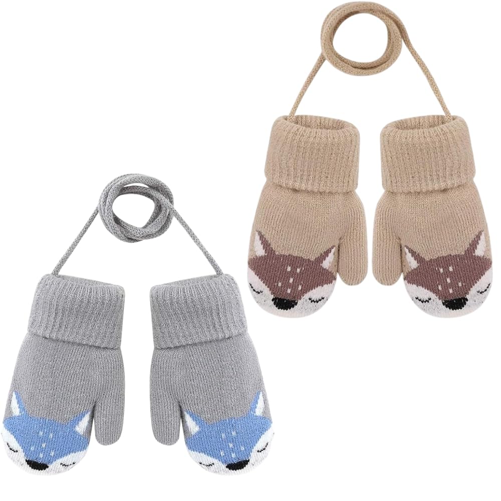 SDXCJY 2 Pairs Kids Knitted Gloves,Kids Mittens on String for Toddler Winter Knitted Mittens Warm Fleece Gloves for Kids 0-3 Years (2 pairs)