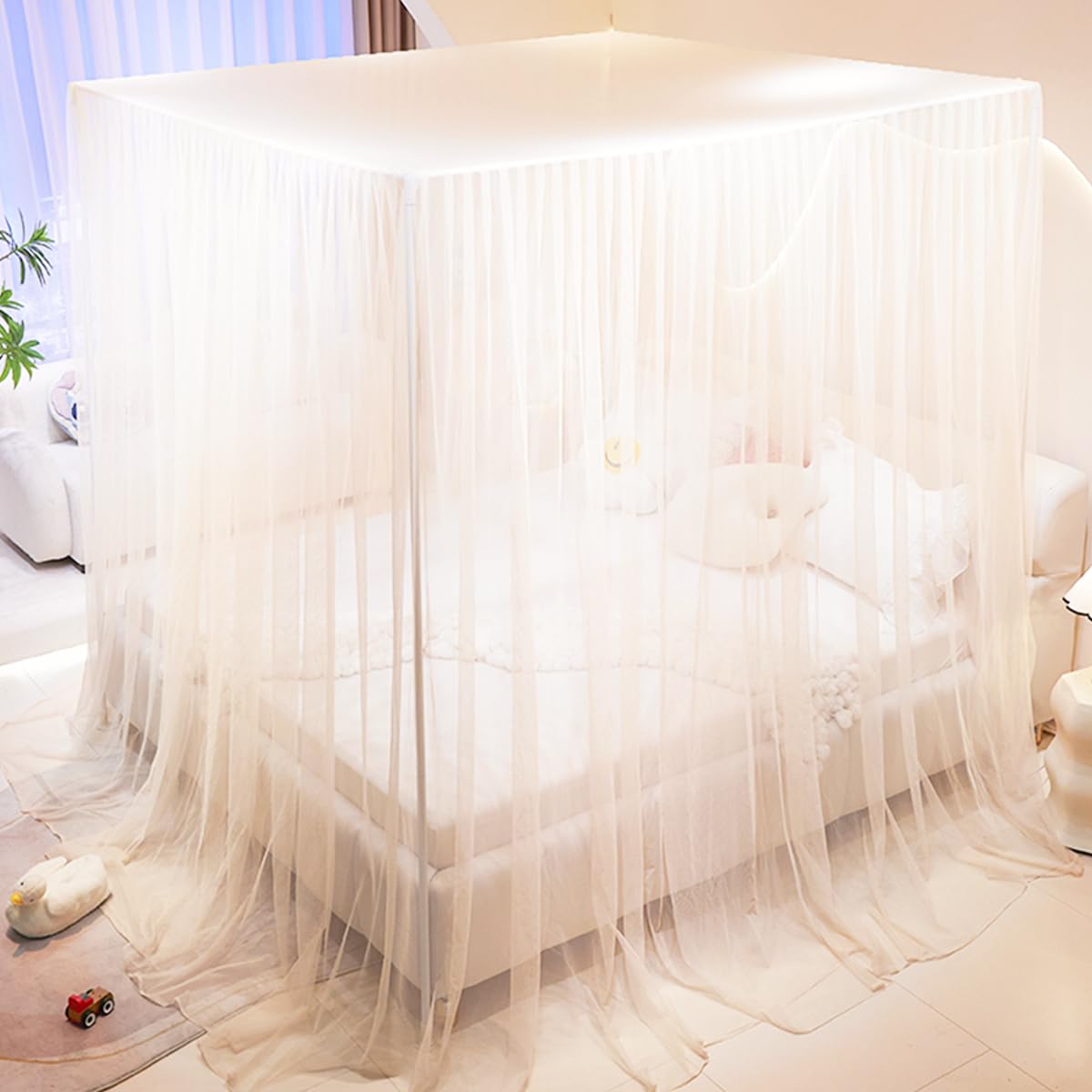 Akiky Prinzessinnen-Betthimmel, 4 Ecken, Moskitonetz, gemütliches Drapiernetz, 4 Öffnungen, Betthimmel-Vorhang für Mädchen, Bett, Jungen, Erwachsene (Queen, Beige)
