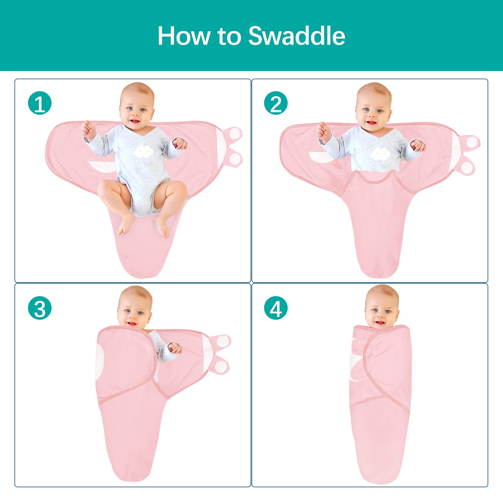 Biloban Cotton Baby Swaddle Blanket 2-Pack - Grey & Pink, Adjustable For Newborns 0-3 Months