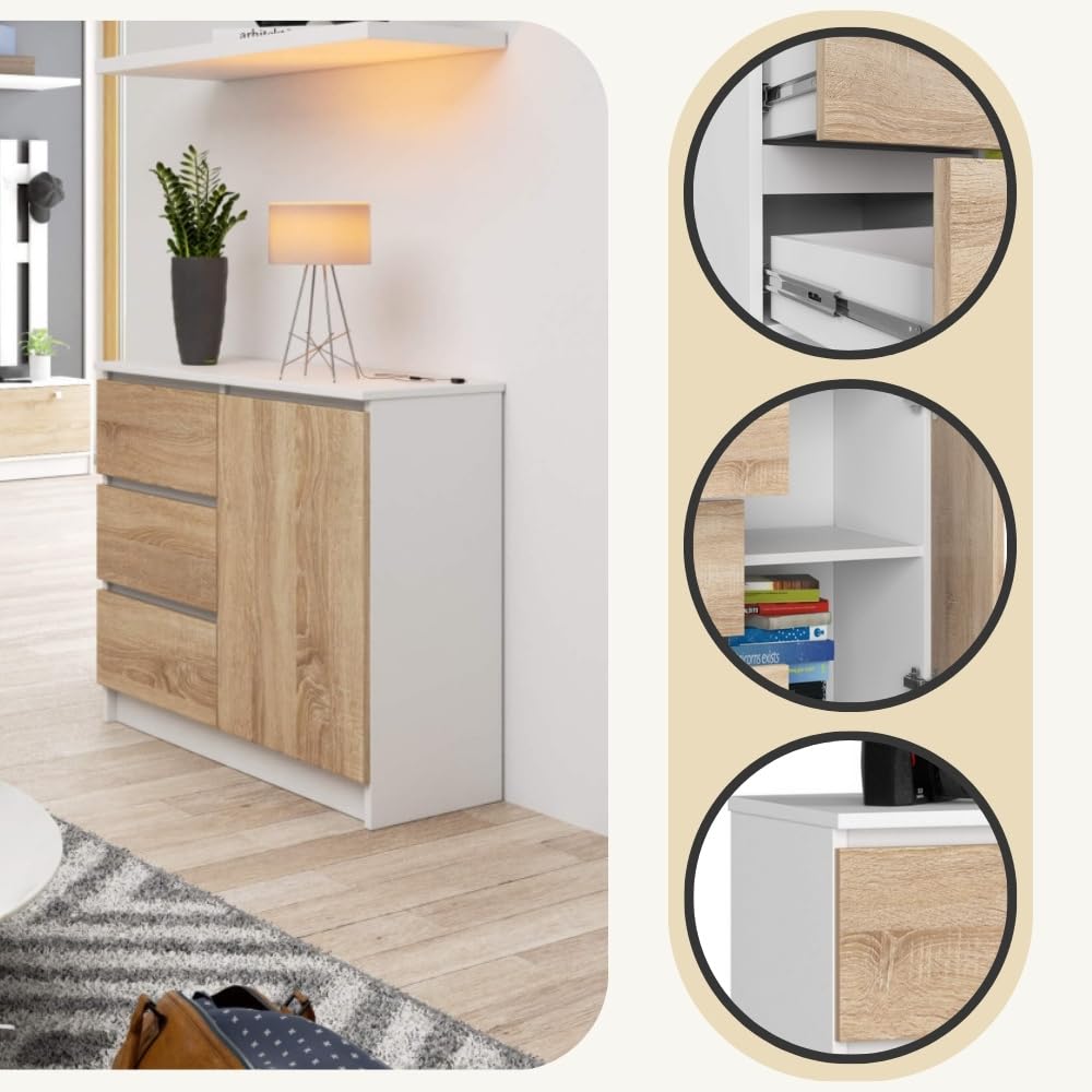 AKORD Cómoda Jerry | Cajonero con 1 Puerta 3 Cajones 2 Estantes | Credenza Alta 80 cm | 80x35x77 cm | Blanco & Roble Sonoma Frente