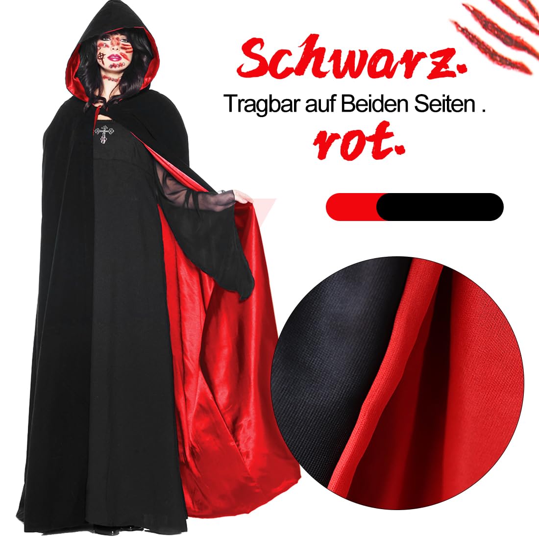 Capa De Vampiro De Doble Cara De 175 Cm Con Capucha, Rojo Y Negro, Para Cosplay, Halloween Y Fiestas De Disfraces Unisex
