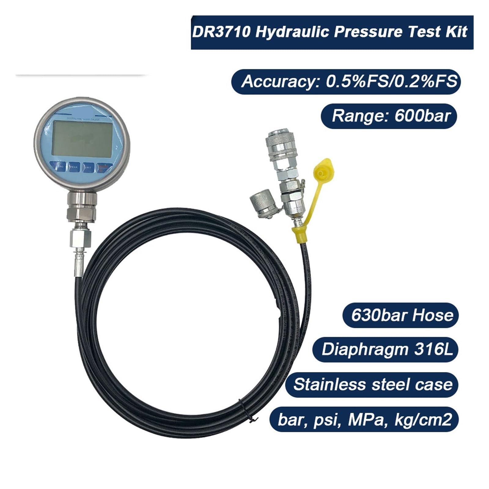 Hydraulik-Manometer-Testkit, 600 bar digitaler Luft-Öl-Druckpumpen-Druckanschluss(0-600 bar 0.5,2m Hydraulic hose)