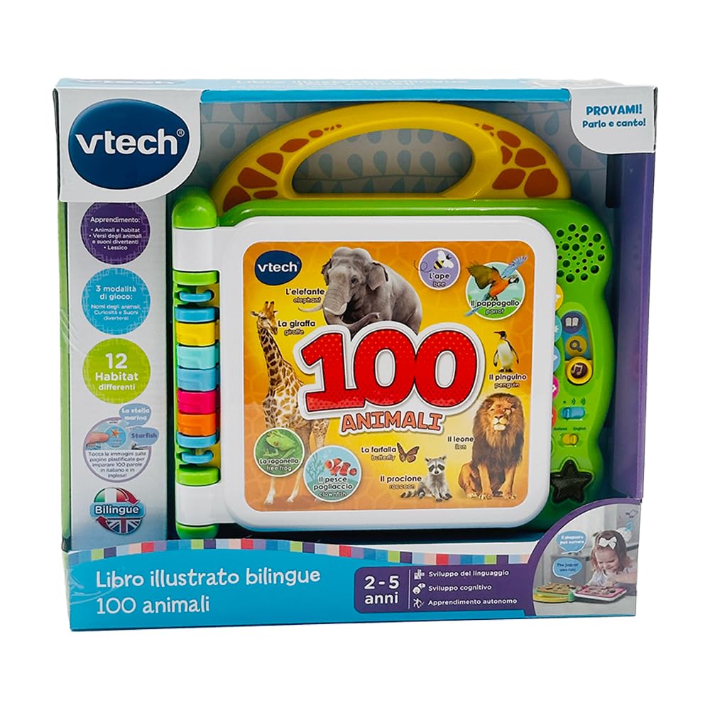 VTech Libro ilustrado bilingüe – 100 Animales para niños, sensorial en Italiano e inglés, bebé con 3 Modos, Pilas Incluidas, 2-5 años