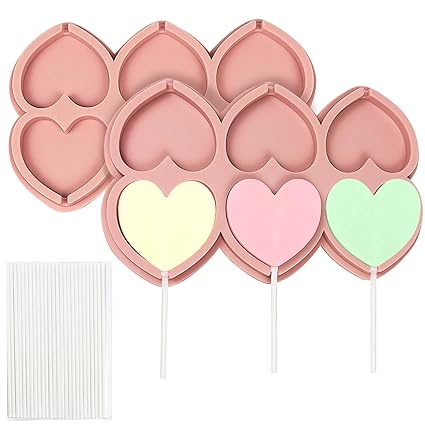 EDUEE Heart Lollipop Molds 2 pcs Silicone Chocolate Lolly Mold 6 Cavity Lollipop Candy Molds with 25 Sticks for Mothers Valentine's Day