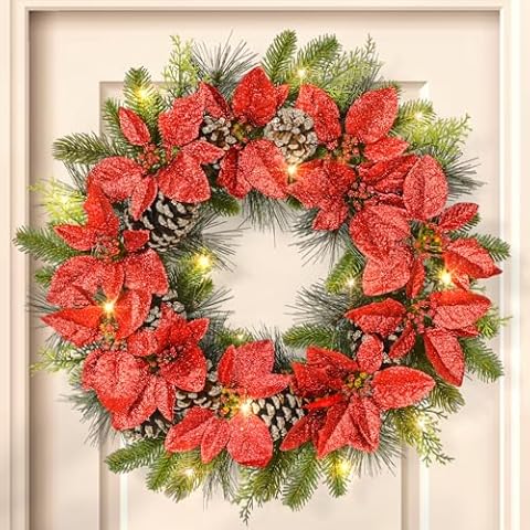Dolicer Christmas Wreath Christmas Decor, 16 inch Christmas Wreath for Front Door Christmas Wreath with Poinsettia Lighted Christmas Wreath Christmas Decorations for Front Porch Door Window Cover