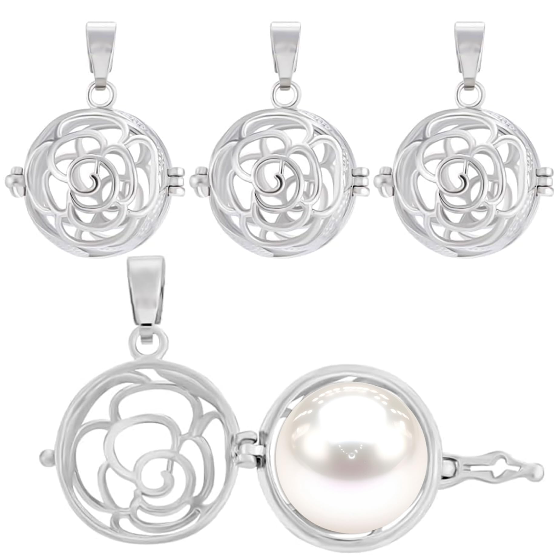 Framendino, 4 Pack Cage Charms Openable Cage Locket Charms Ball Pendants Rose Flower Pearl Cage Pendants for DIY Jewelry Necklace Bracelet Earring Making