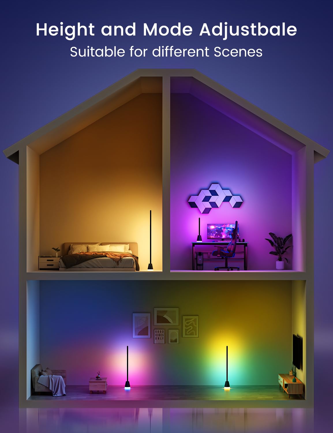 LED Stehlampe für Wohnzimmer, App & Fernbedienung, 68 Szenen 16 Millionen Farben mit Musik-Synchronisation und Timer, Dimmbare Stehlampe mit Farbwechsel und Leuchtendem Sockel