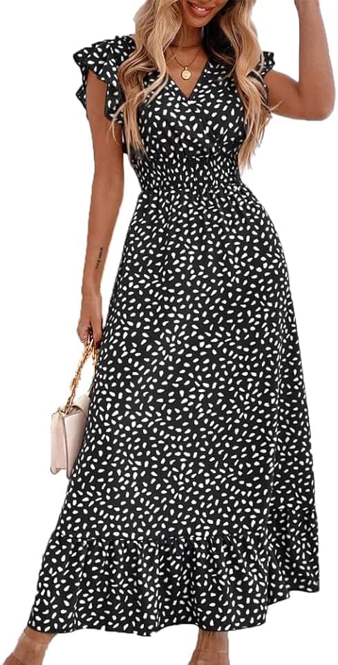 Vestido maxi feminino com pétalas de babados, manga curta, gola V, floral, verão, praia, férias, vestido longo casual