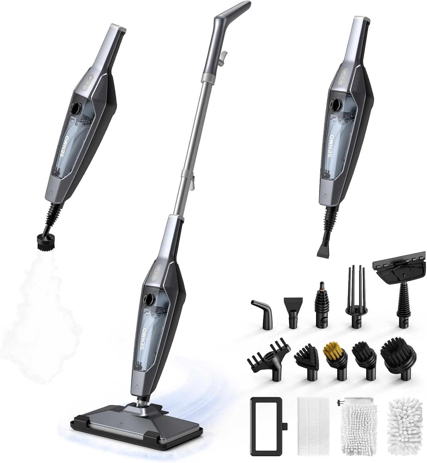 SENMO Steam Mop, 14-in-1 Detachable Steam Cleaner for Home and Floor, 1300W 228°F Deep Cleaning MultiPurpose Steamer with 14 Attachments for Floor, Tile, Grout, Furniture, Carpet, Wall (Black)