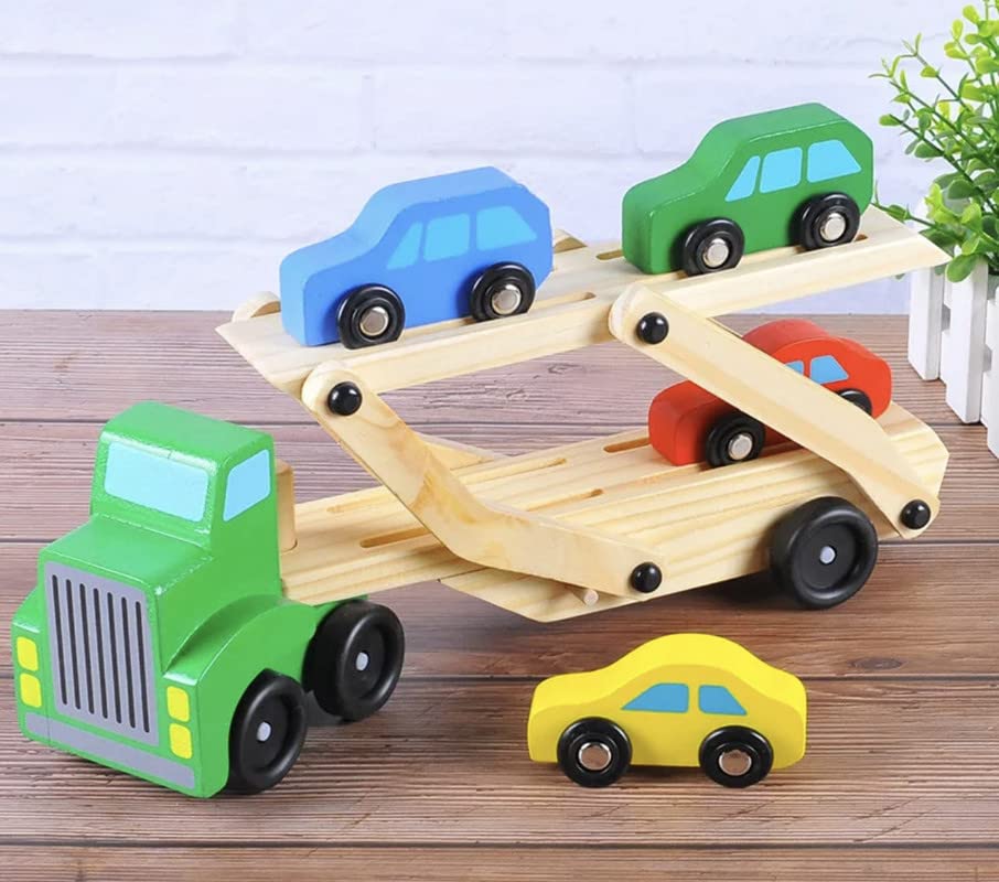 Image of Wooden Truck and Cars Toy Set | Large Double Deck Transport Vehicle with 1 Truck & 4 Colorful Cars | Ideal Educational Toy for Kids, Encourages Fine Motor Skills & Imaginative Play