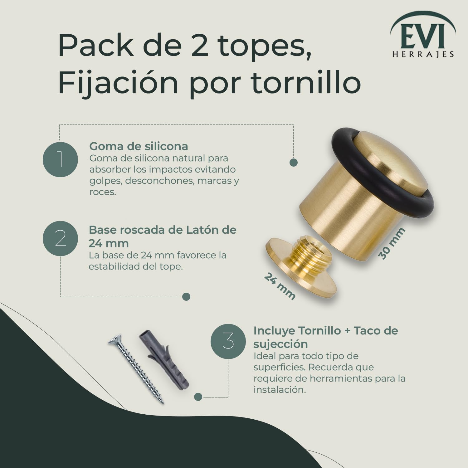 EVI Herrajes | Pack de 2 Topes de Puerta | Ø24 x 30mm | Base Roscada | Goma Negra de Silicona Natural | Latón | Incluye Taco + Tornillo | I-138CBMT