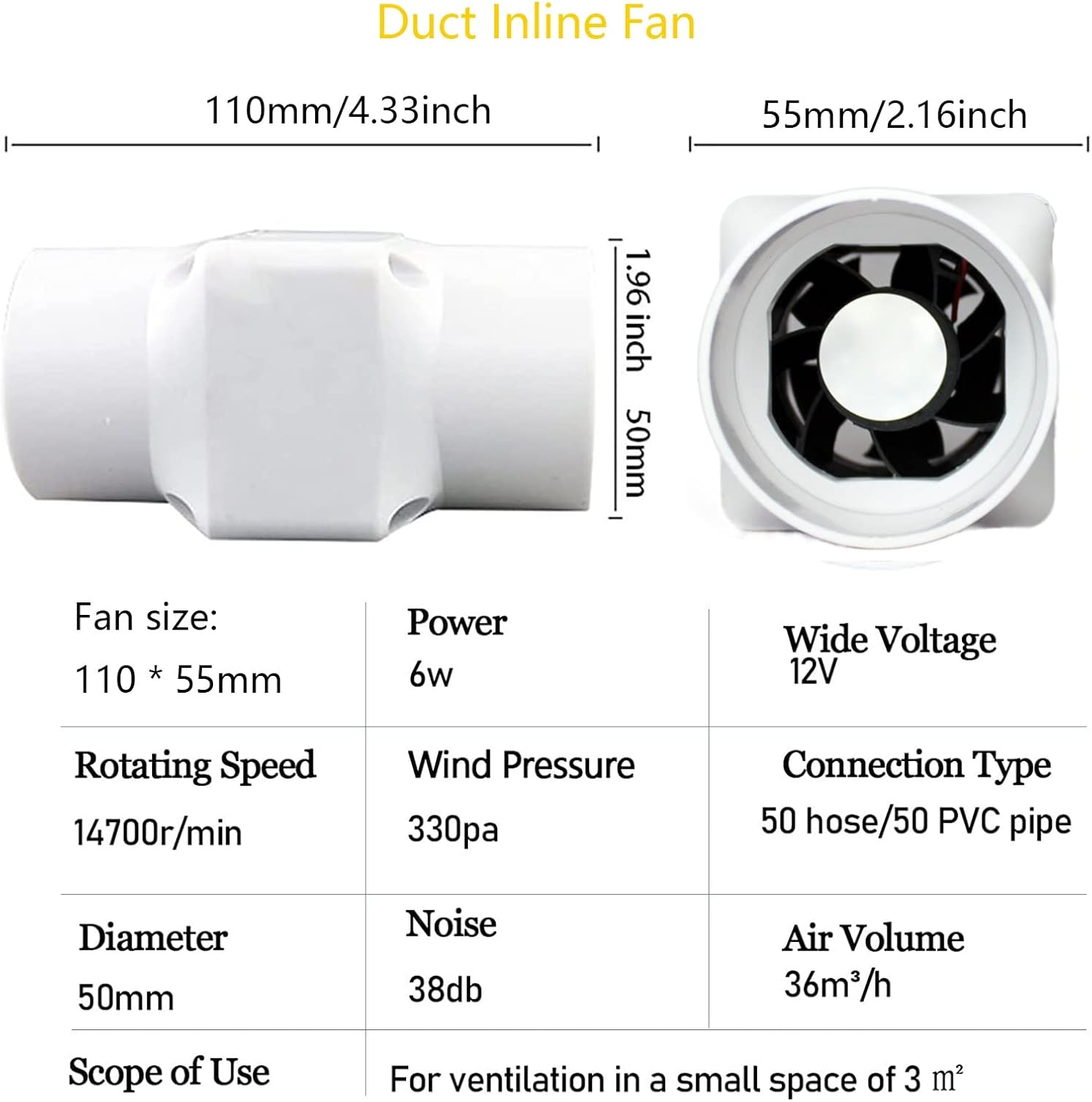 12V 2in Duct Exhaust Fan with Adjustable Speed 6W Ventilation Fan with Duct Interface Booster Fan for Bathroom Kitchen Garage(Interface 25mm)