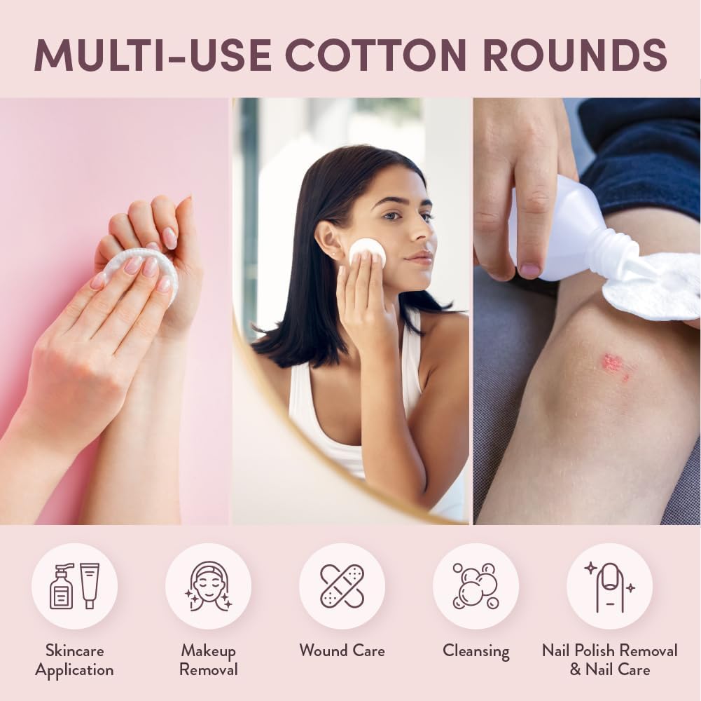 ÉCLAT 100% Pure Cotton Rounds Ultra Soft Vegan Hypoallergenic, Lint-Free, Anti-Rip Pads for Skincare, Makeup Removal & Wound Care Durable, Biodegradable & Eco-Friendly (100 Count, 1 Pack)