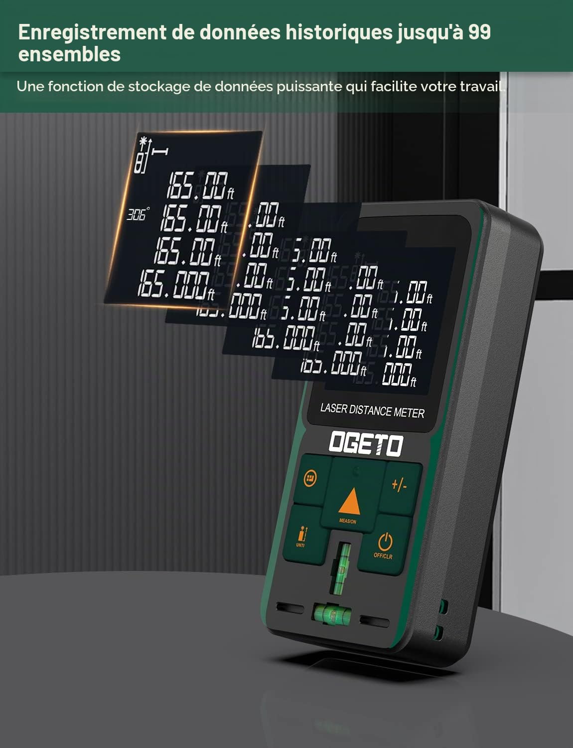 Metre Laser, Ogeto Télémètre Laser Numerique avec Niveau Électronique Amélioré, 99 Stockage, Mesure Longueur/Zone/Volume/Théorème de Pythagore pour Rénovation Intérieure/Chantier de Construction