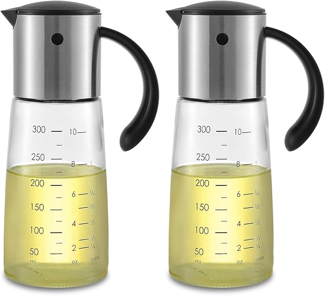 vevouk Olive Oil Dispenser Glass Bottle - Auto Flip Condiment Container With Automatic Cap and Stopper - Leakproof Vinegar Glass Cruet 300ml Set