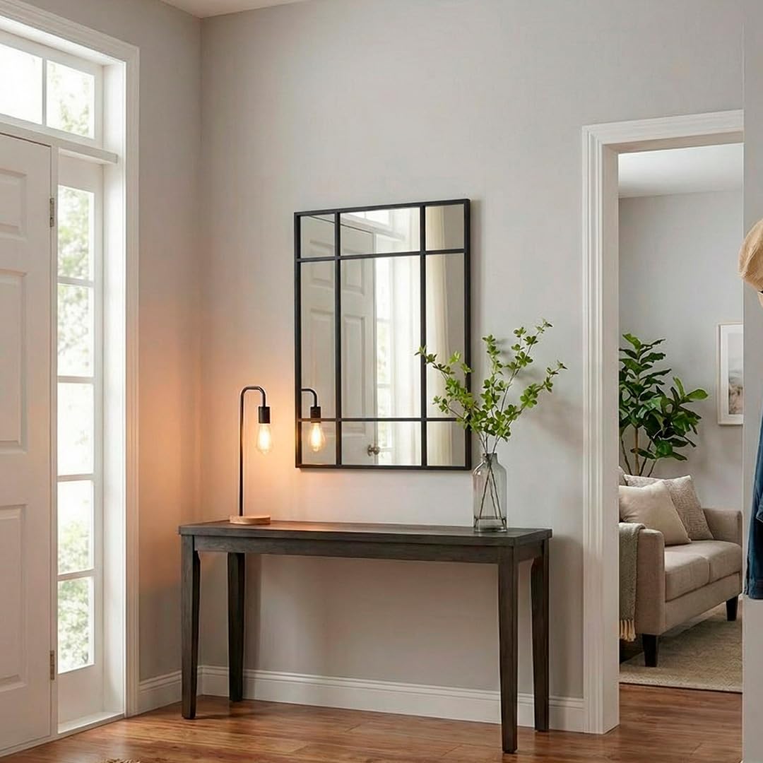 Marctani Specchio per finestra da parete 90 x 60 cm - Specchio industriale decorativo con cornice in metallo - Design rettangolare effetto finestra per ingresso, ingresso e soggiorno
