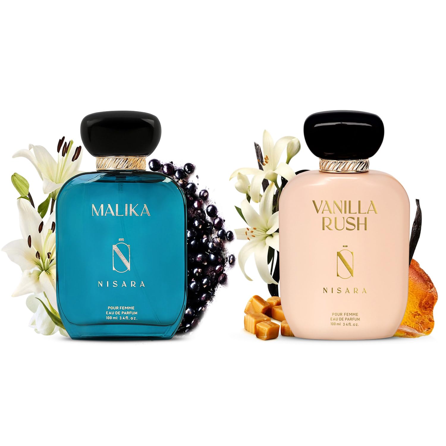 Nisara Vanilla Rush & Malika Perfume for Woman 100ml*2 | Girl Long Lasting Eau De Parfume | Ambery Vanilla, Floral- Fruity Fragrance with | Caramel, Musk Wood, Blackcurrant, Pear, Pink Pepper | EDP Scent spray for Woman | Premium Perfume For Her