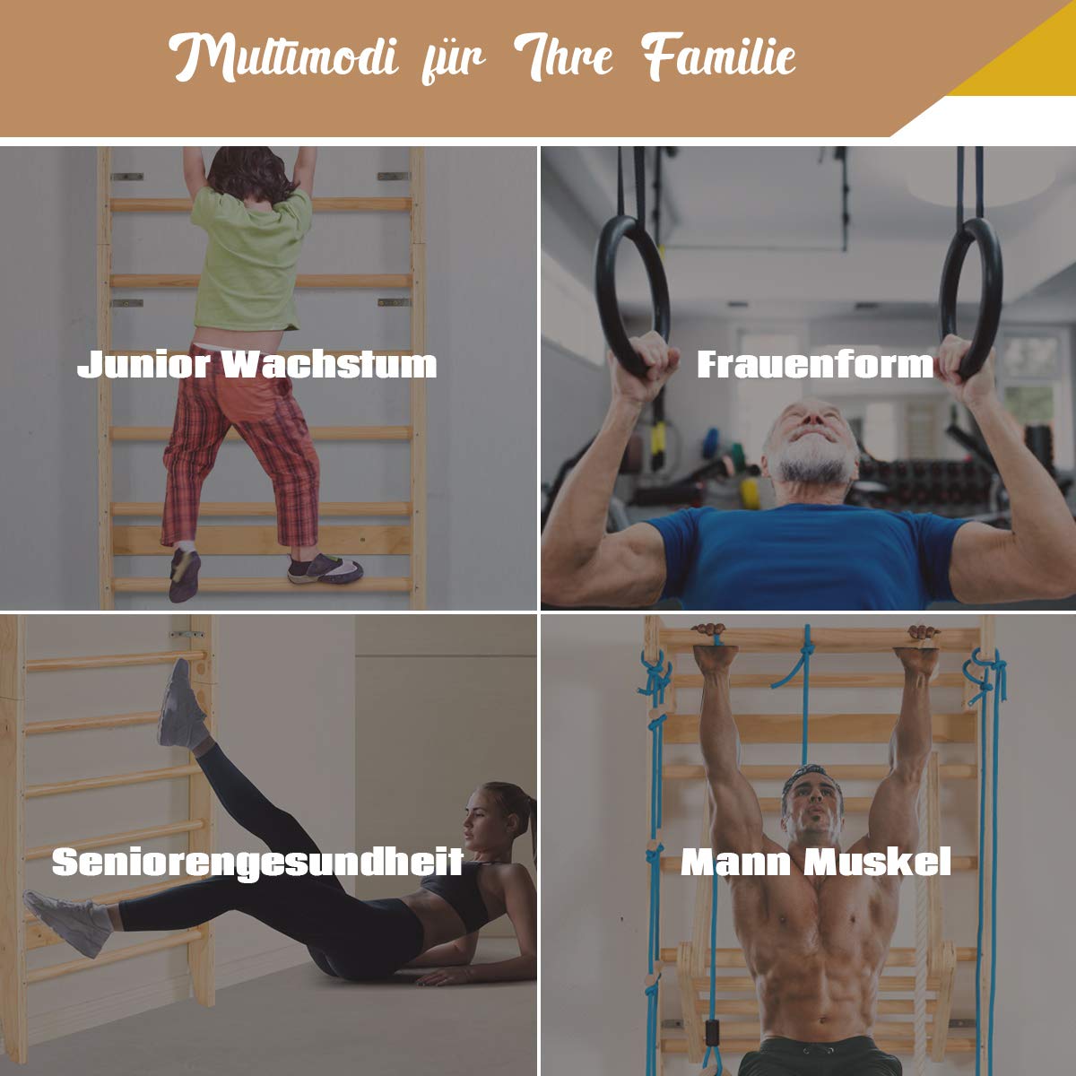 COSTWAY Sprossenwand Holz Turnwand Kletterwand inkl. Montagematerial, Heimsportgerät Klettergerüst 80x60x220cm