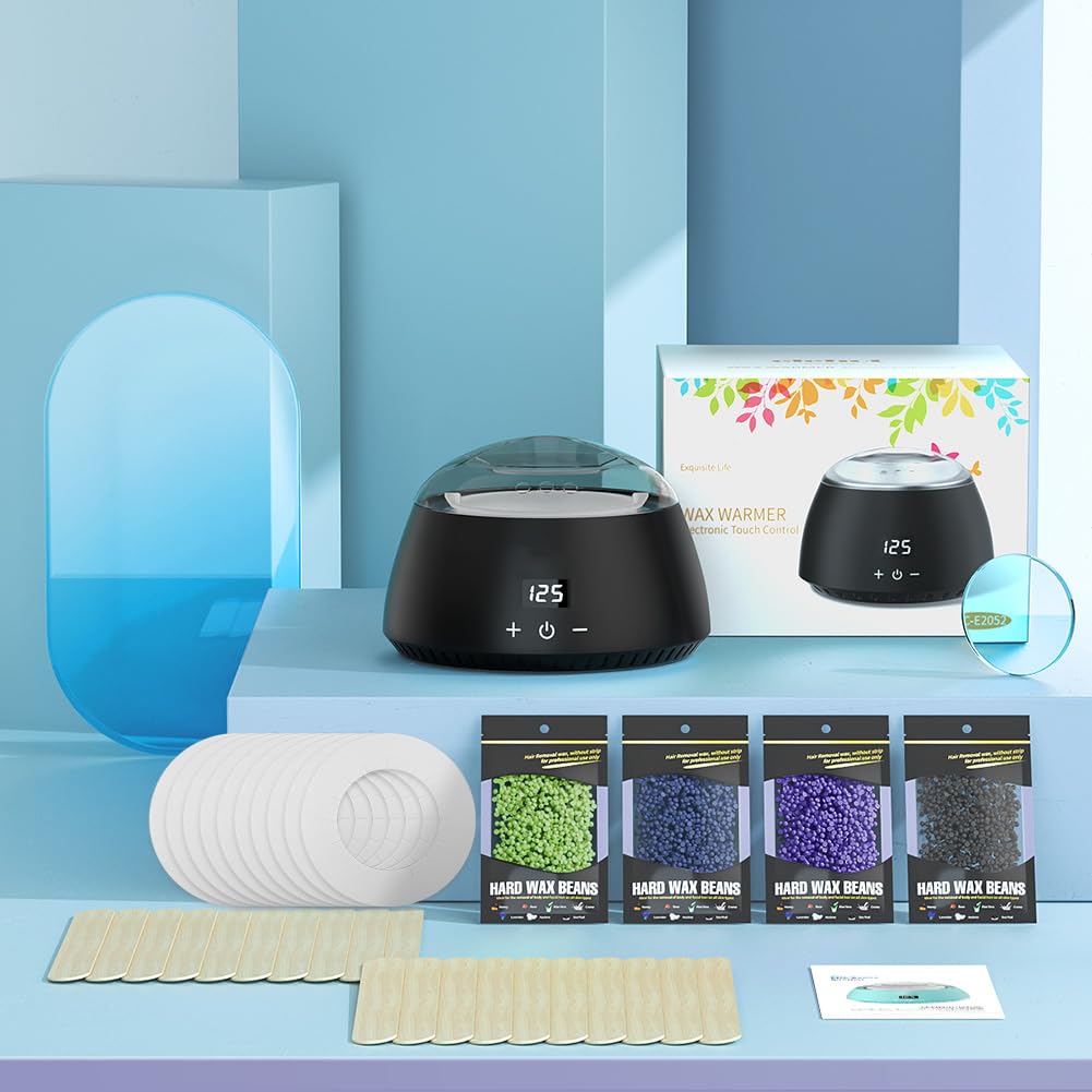 Waxing Set, LCD-Display, Silikonschale, Wachswärmer Wachs Haarentfernung mit 400g Waxing Perlen, 20 Holzspateln, 10 Papierringe zu Hause(Schwarz)