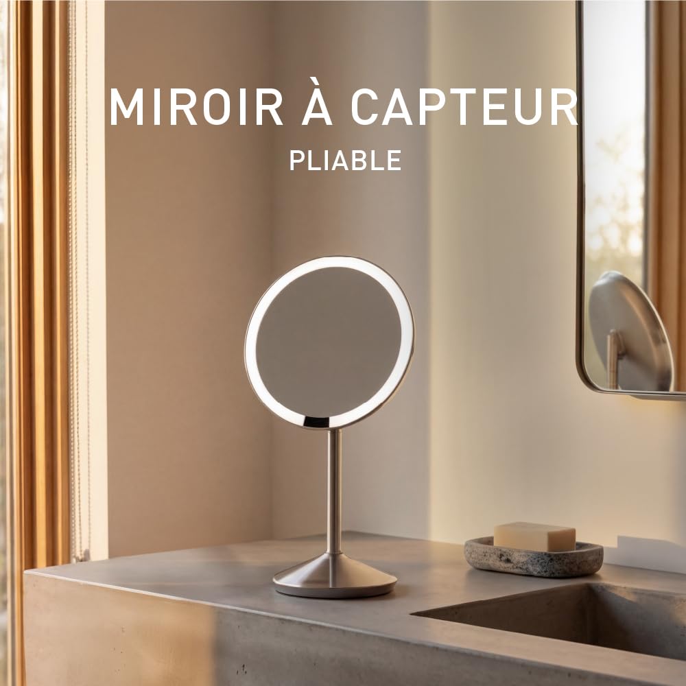 simplehuman ST3004 miroir à capteur pliable 12 cm, miroir grossissant 10x lumineux maquillage avec lumière LED, rechargeable, cosmétique portable, salle de bain, voyage, acier inoxydable brossé | Miroir à Capteur Pliable 12 cm, Miroir Maquillage Lumineux