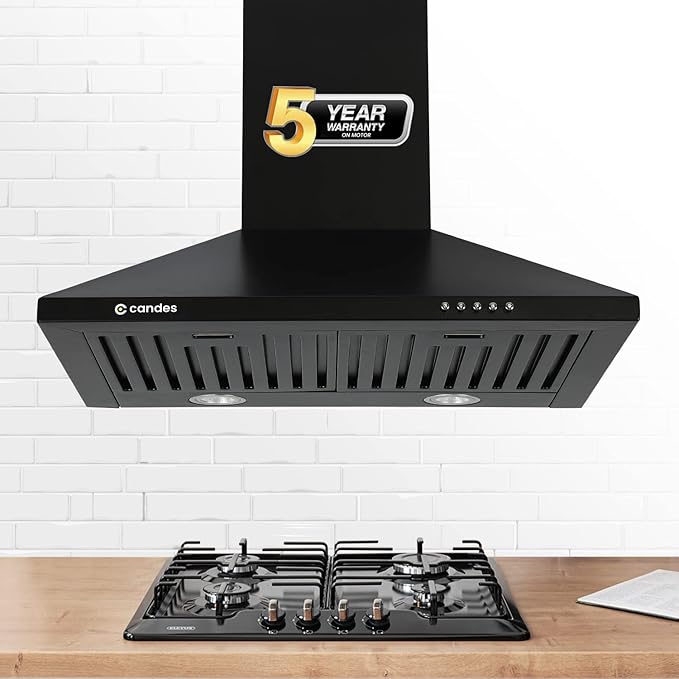 Candes Spire Kitchen Chimney 60 Cms with Powerful 800 m3/h Suction| Stainless Steel Baffle Filter | Anti-Fingerprint Black Wall Mount Range Hood | 3 Level Push Control |Plastic Blower | 2 Level Led Lighting | Warranty 1 Year on Product & 5 Years On Motor |Modular Design for Modern kitchen |2022 Edition